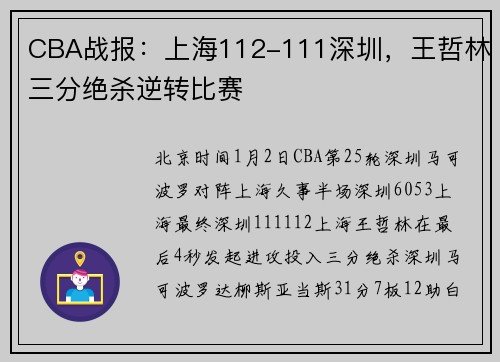 CBA战报：上海112-111深圳，王哲林三分绝杀逆转比赛