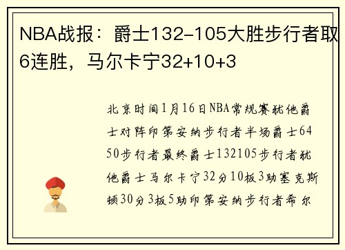 NBA战报：爵士132-105大胜步行者取6连胜，马尔卡宁32+10+3