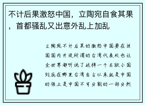 不计后果激怒中国，立陶宛自食其果，首都骚乱又出意外乱上加乱