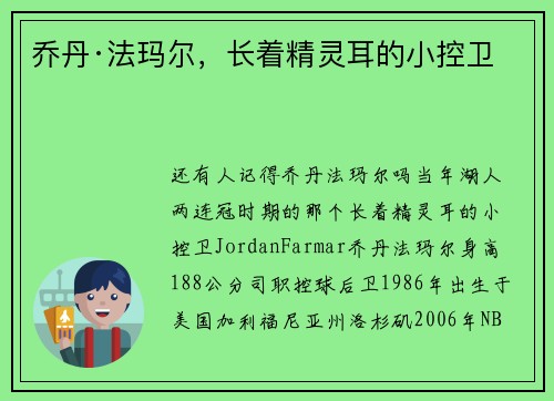 乔丹·法玛尔，长着精灵耳的小控卫