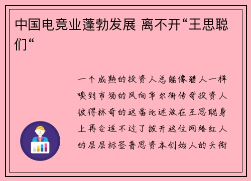 中国电竞业蓬勃发展 离不开“王思聪们“